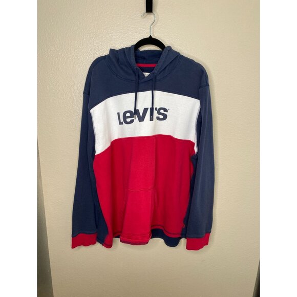 Levis Mens Pullover Hoodie Colorblock Red White Blue 3XL Logo Sweatshirt Casual - Picture 1 of 6